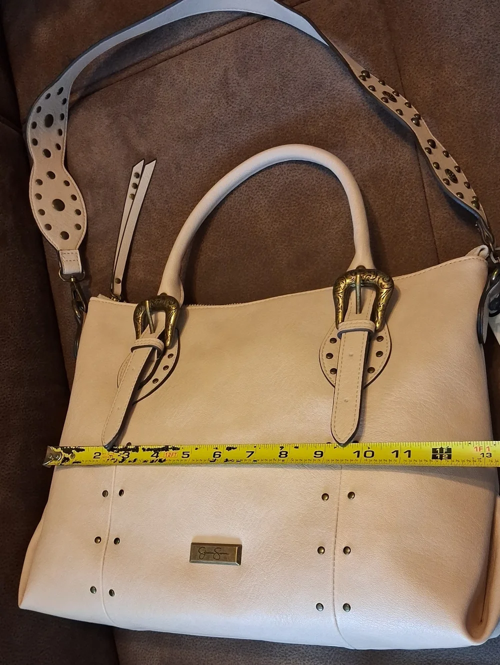 Jessica Simpson Beige Women's Faux Leather Tote Bag with Decorative Buckles